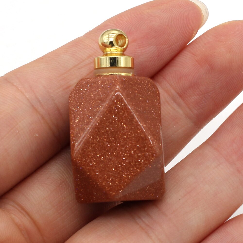 Natural Gem Stone Faceted Perfume Bottle Pendant Quartz Agates Essential Oil Diffuser Charms for Jewelry Making Necklace 25x37mm: Gold Sand Stone