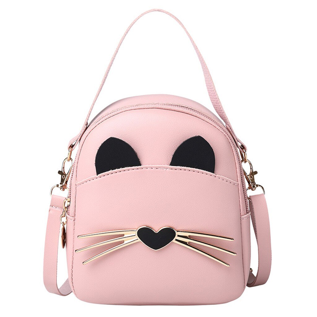Female Solid Color Leather Backpack Women Multi-function Zipper Shoulder Bag Ladies Cartoon Cats Student Backpacks: Pink