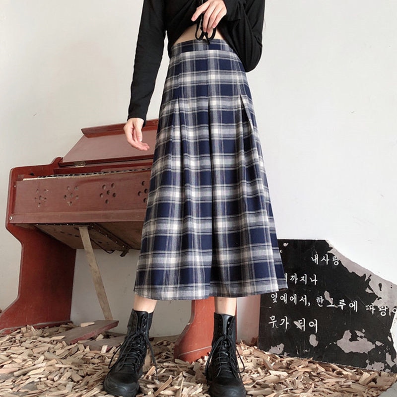 Vår sommar gotiska långa rutiga kjolar vintage dam midi plisserad kjol korean harajuku punk tjejer a-line kjol kläder saia