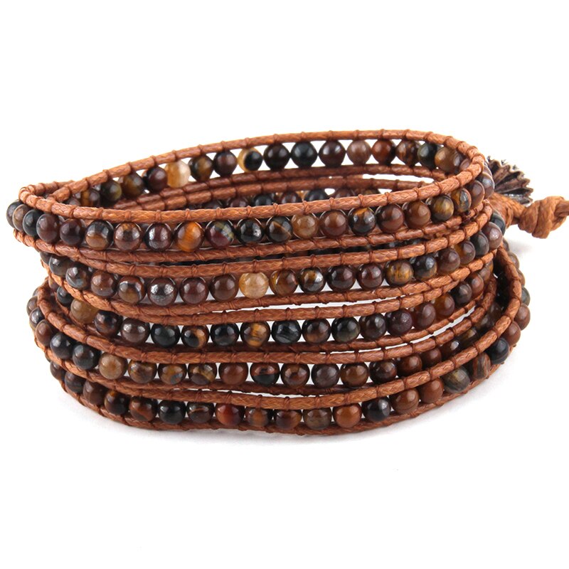 Joyería de para mujer, pulsera de cuero marrón hecha a mano, 5 hebras, piedras naturales de 4mm, pulseras envolventes, DropShippers: Tiger Eye