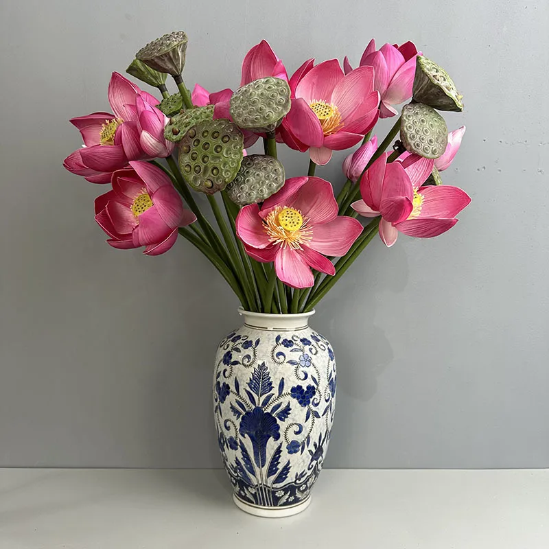 Artificial Flower EVA Lotus with Pole Lotuses Leaves Home Living Room Pastoral Style Decoration Simulation Pink White Flowers