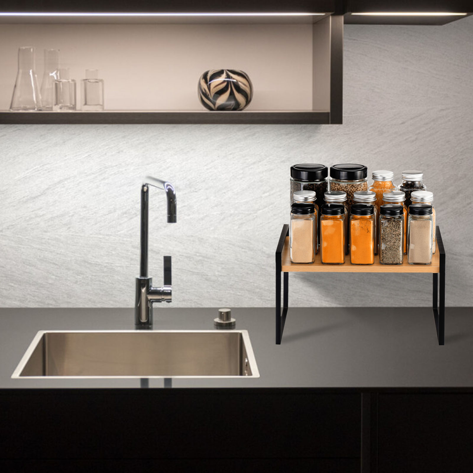 Cabinet Organizer Shelf Retractable Shelf Stackable Sliding Rack Organizer Shelfs for Kitchen Table Cupboard and Pantry Black