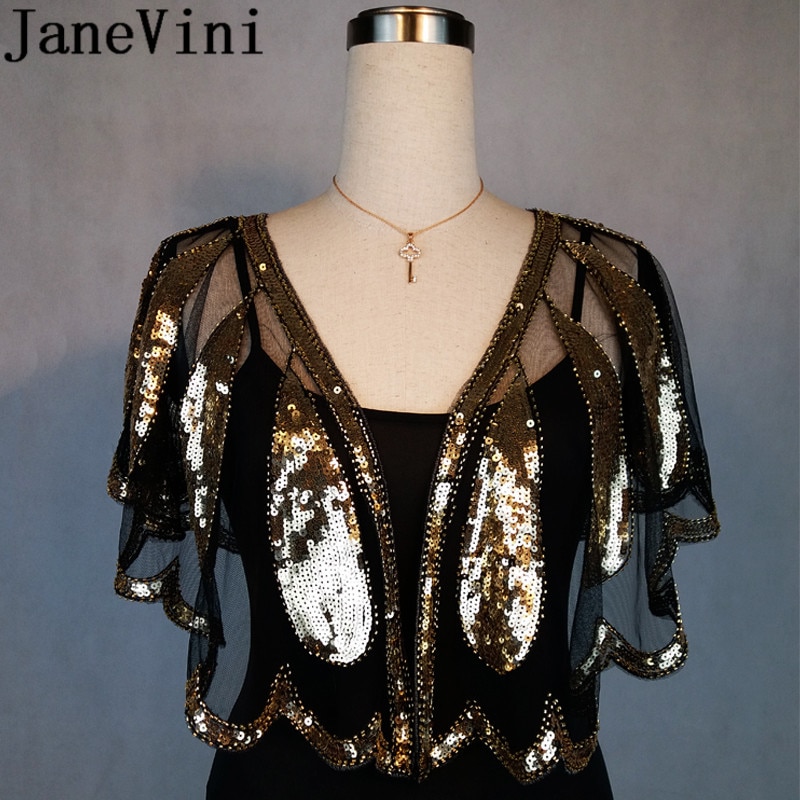 JaneVini Shiny Kralen Bruiloft Capes Schouderophalen Luxe Goud Zilver Pailletten Vrouwen Bolero Bridal Wrap Bruid Bolero Novia Cape Mariage