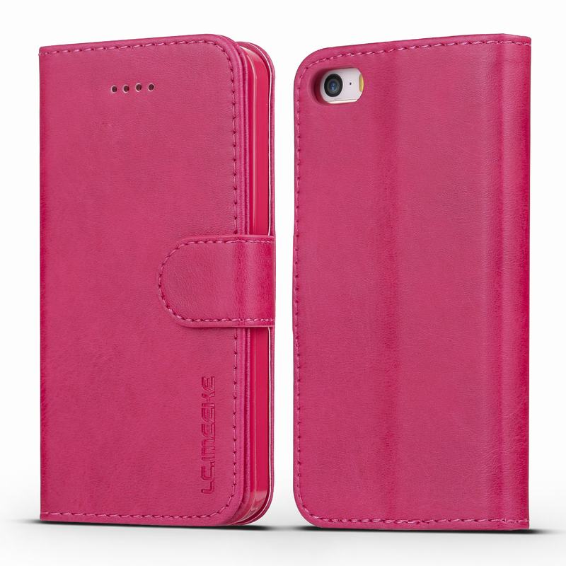 PU Leather Case Voor iPhone 5 s Case Wallet Flip Cover iPhone 5 SE Case Luxe Vintage Boek Telefoon gevallen Met Kaarthouder: For iPhone se / Rose red