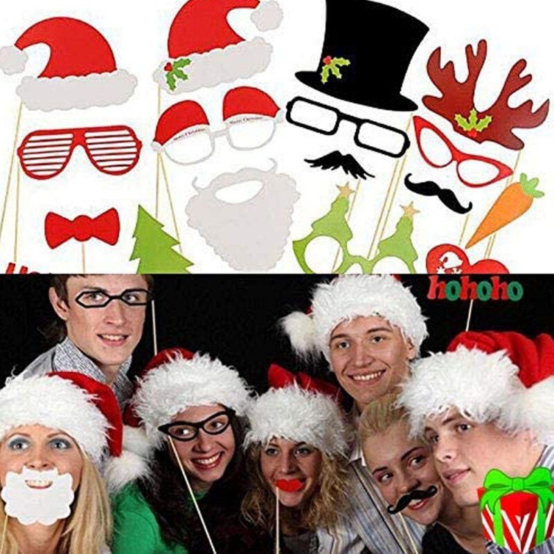 32pcs Christmas Photo Booth Props Kit Merry Xmas Sign Santa Hat Beard Antler Speech Bauble Family Reunion Party Decor·