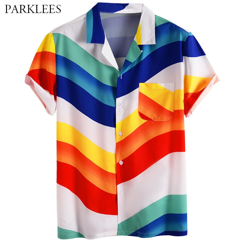 Kleurrijke Regenboog Heren Korte Mouw Casual Losse Shirts Voor Mannen Met Voorvak Gestreepte Patchwork Chemise Homme Camisas
