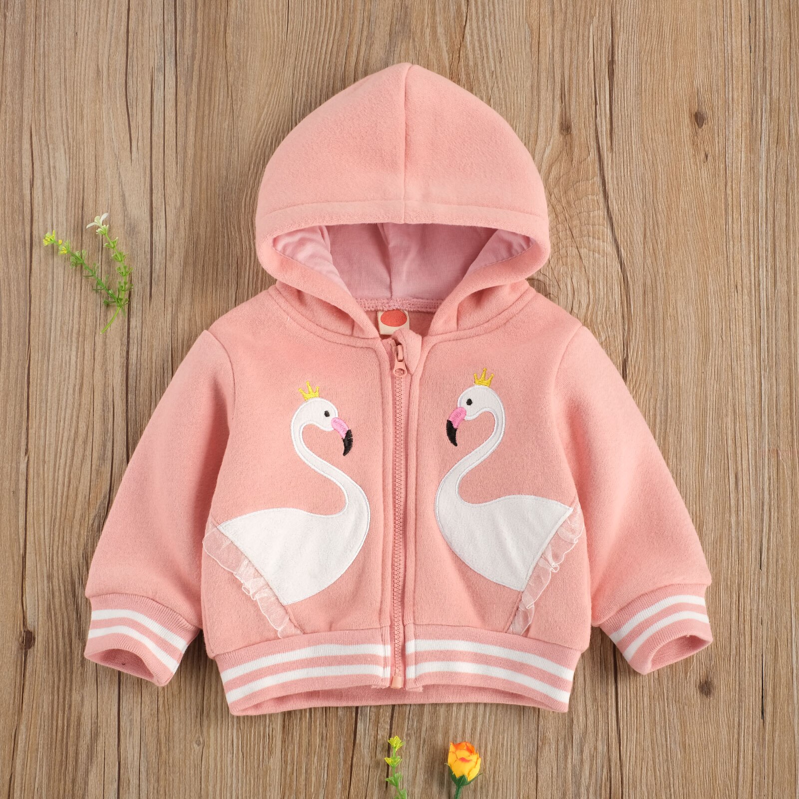 Jongens En Meisjes Cartoon Swan Printing Hoodie Effen Kleur Jas, Ronde Kraag Lange Mouwen Jas, Herfst 0-24months