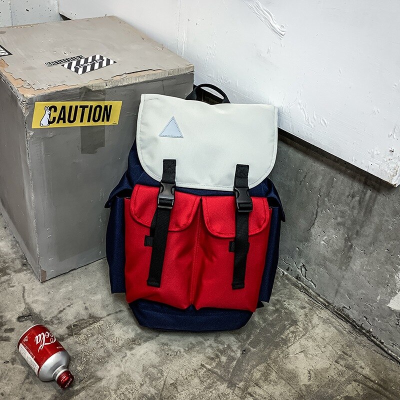 Unisex Oxford Backpack - Fashion Style - Zipper Closure - Interior Compartment - External Frame: Gray red blue color