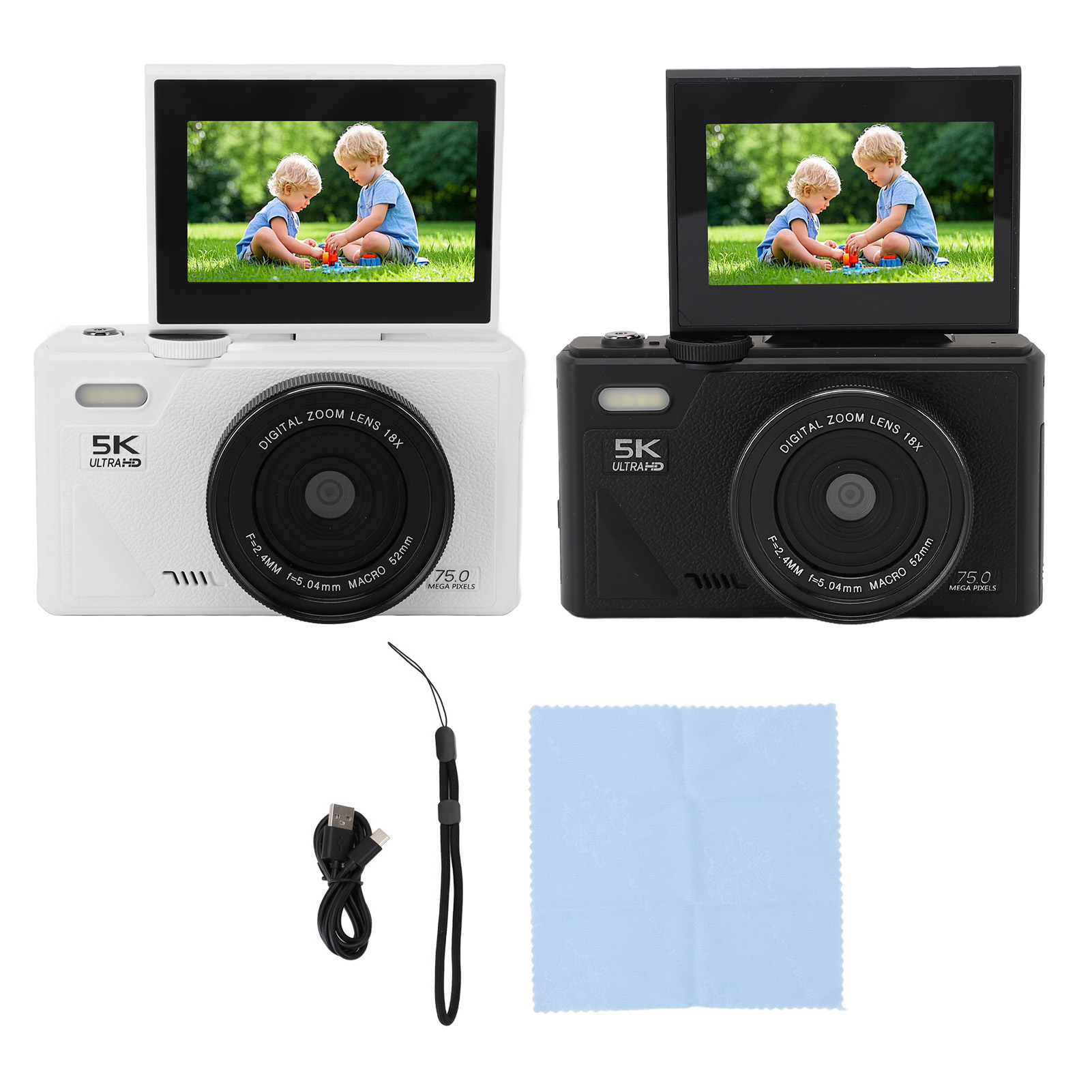 Speilfritt Digitalkamera 5K 75MP - 18x digital zoom - Bilde stabilisering - Autofokus - Qiilu