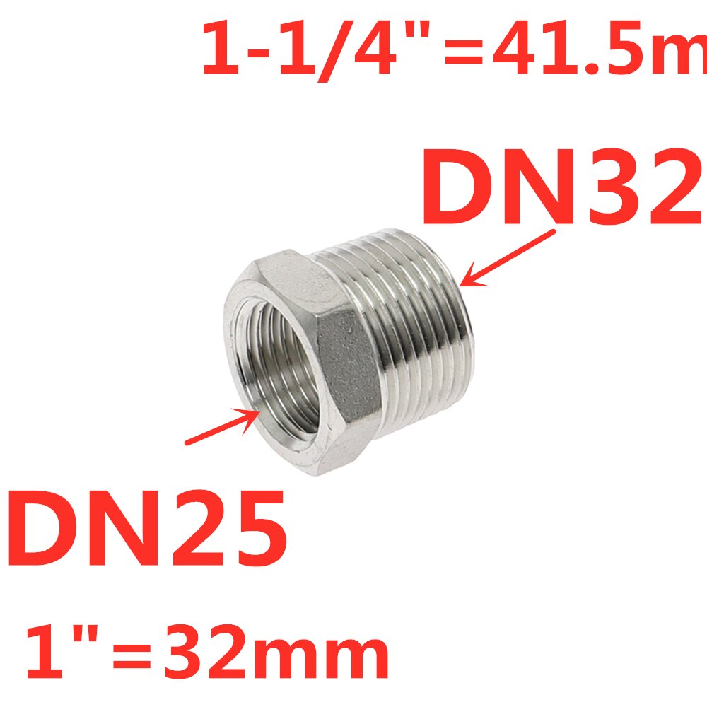 Tonisoiva sydämen vähennysholkki 1/8 &quot; 1/4 &quot; 3/8 &quot; 1/2 &quot; bsp uros/naaraskierre  ss304 ruostumattomasta teräksestä valmistettua putkiliitosta vesikaasuöljylle: Dn32 to dn25