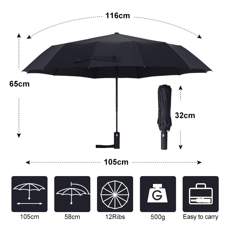 12K Strong Wind Resistant Umbrella Men Rain Women 3Folding Automatic Portable Parasol Long Handle Business Big Paraguas