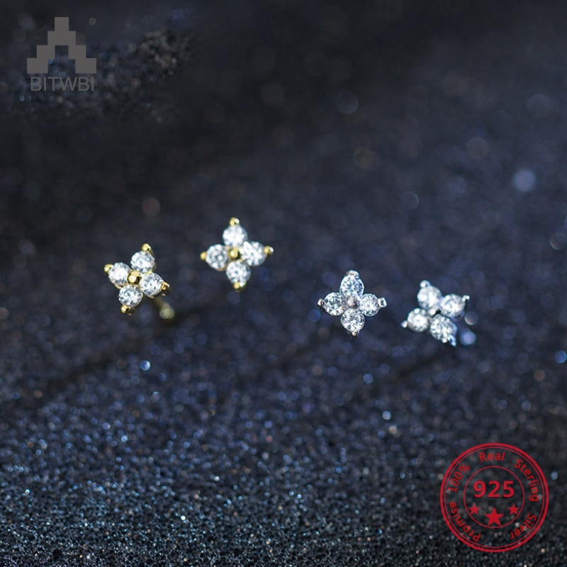 100% Echt 925 Sterling Zilveren Bloem Stud Oorbellen met Glanzend CZ Zirkoon Top Fijne Sieraden Voor Vrouwen Meisjes