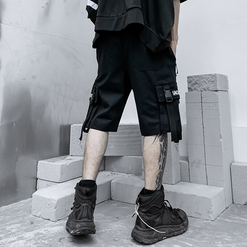 Ropa de calle para hombre, pantalones cortos informales con cintas de Hip Hop, Bermudas hasta la rodilla, pantalones cortos de playa para hombre, M-XXXL, verano,