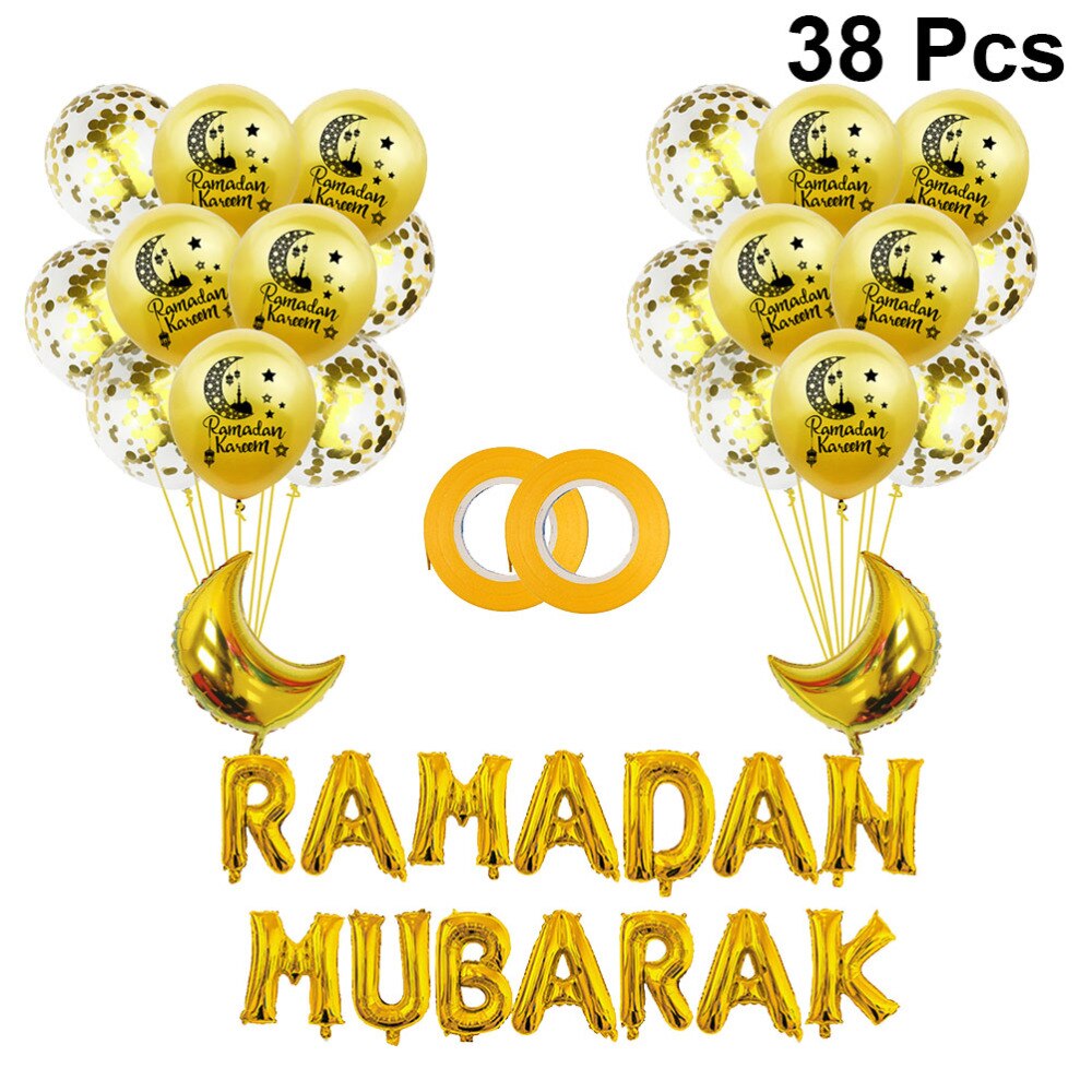 38Pcs Golden Moslim Ramadan Latex Confetti Ballonnen Brief Afdrukken Ballonnen Aluminiumfolie Ballonnen Ornamenten Set Eid Mubarak La: Picture 1