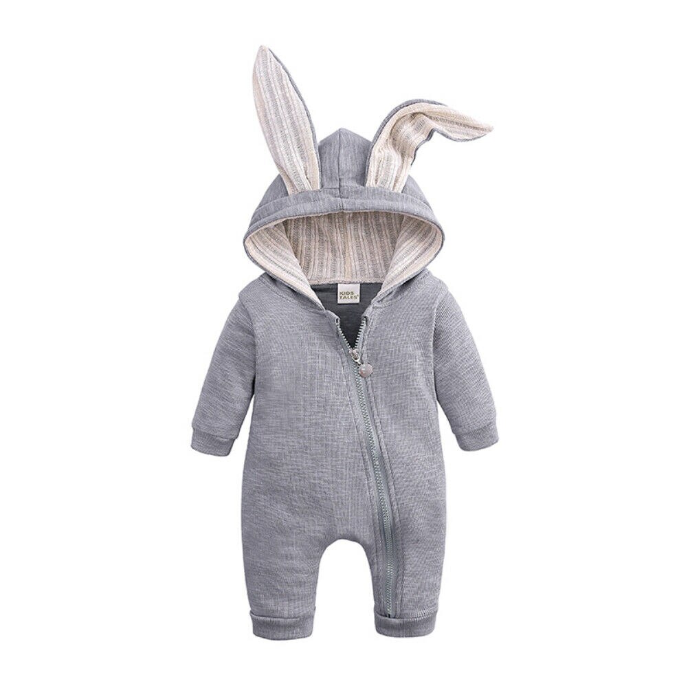 Söt nyfödd bebis pojke flicka kanin strumpor lång öra huva jumpsuit kanin lekdräkt höst vinter bebis pojke flicka påsk kostymer: Grå / 12m