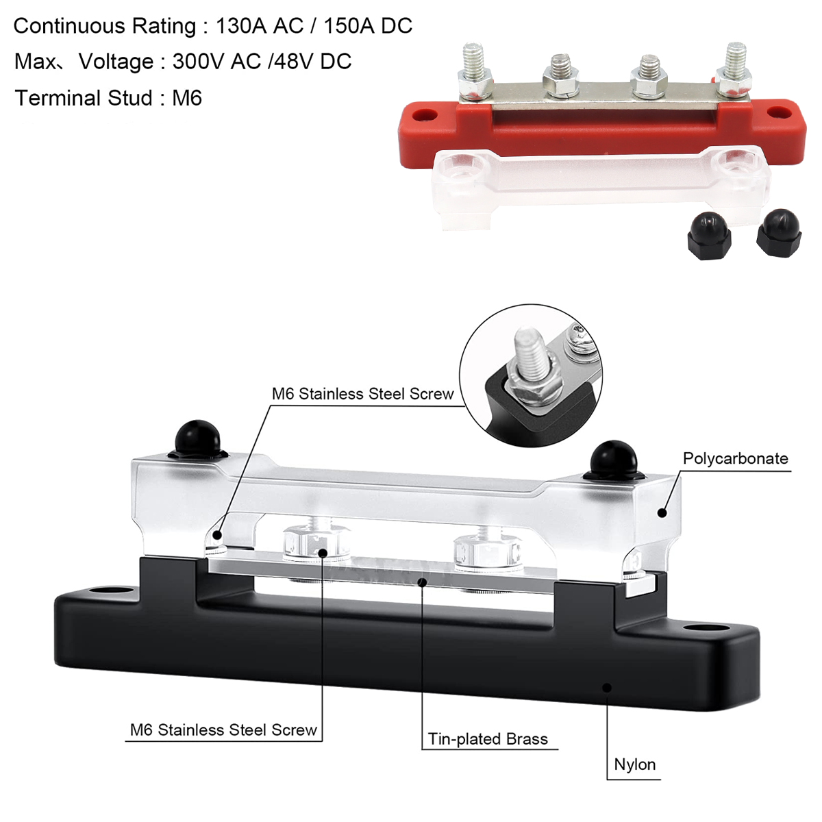 4 Terminal Stroomverdeling Blok 48V 150A Bus Bar Klemmenblok Voor Caravan Vrachtwagen Boot Auto Camper Rv