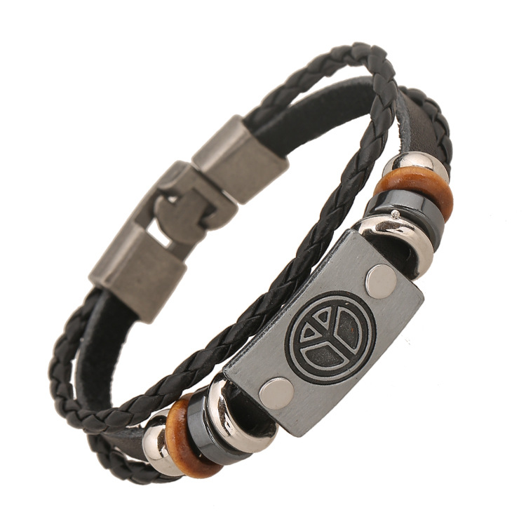 Décontracté rétro simple tissé à la main en cuir perlé bracelet alliage paix signe en cuir punk vent homme main corde populaire: Default Title
