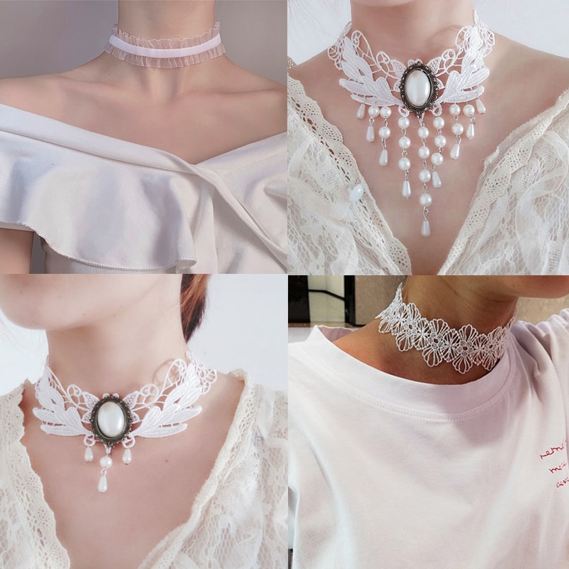 gotisch Klassische Charme Weißen Kragen Frauen Spitze Kragen Handgemachten Partei Samt Spitze Jahrgang Halsband Halskette Für Frauen Kragen