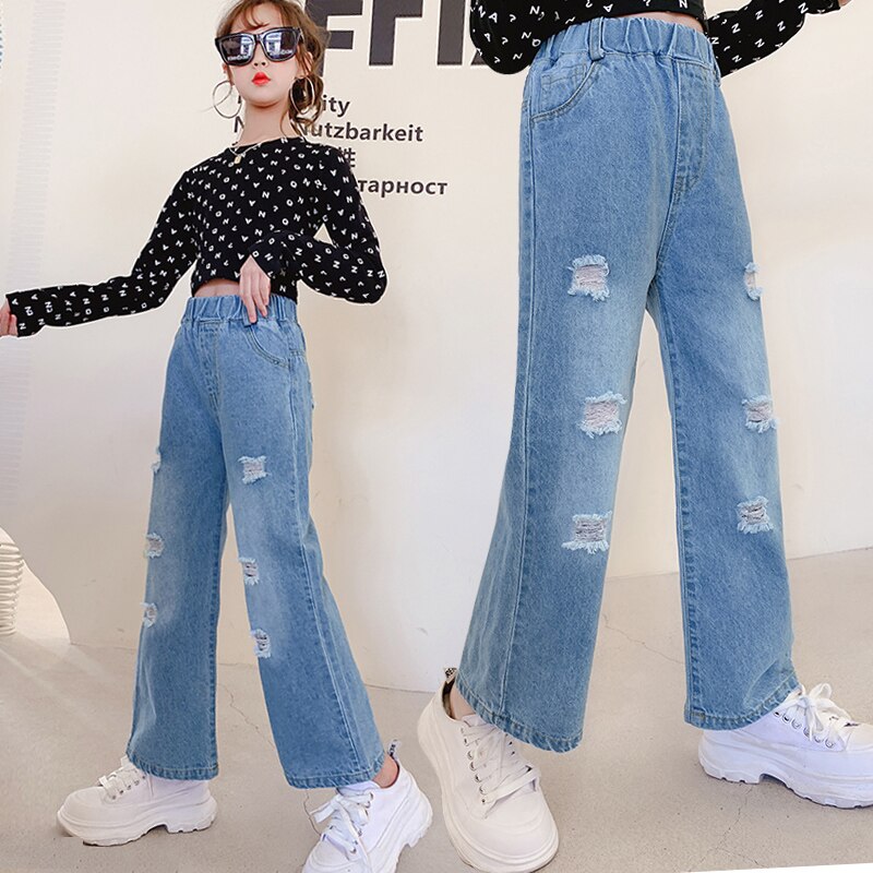 Jeans For Girls Spring Autumn Children Hold Broken Jean Pants Loose Casual Style Kids Denim Bottom Trousers Girls Clothing 4-14Y