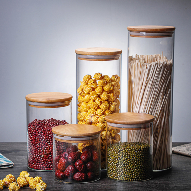 Bocaux pour céréales en vrac, stockage dans la cuisine, bouteille en verre scellé, récipient alimentaire, couvercle en bois, grains de café, épices, sucre, organisateur