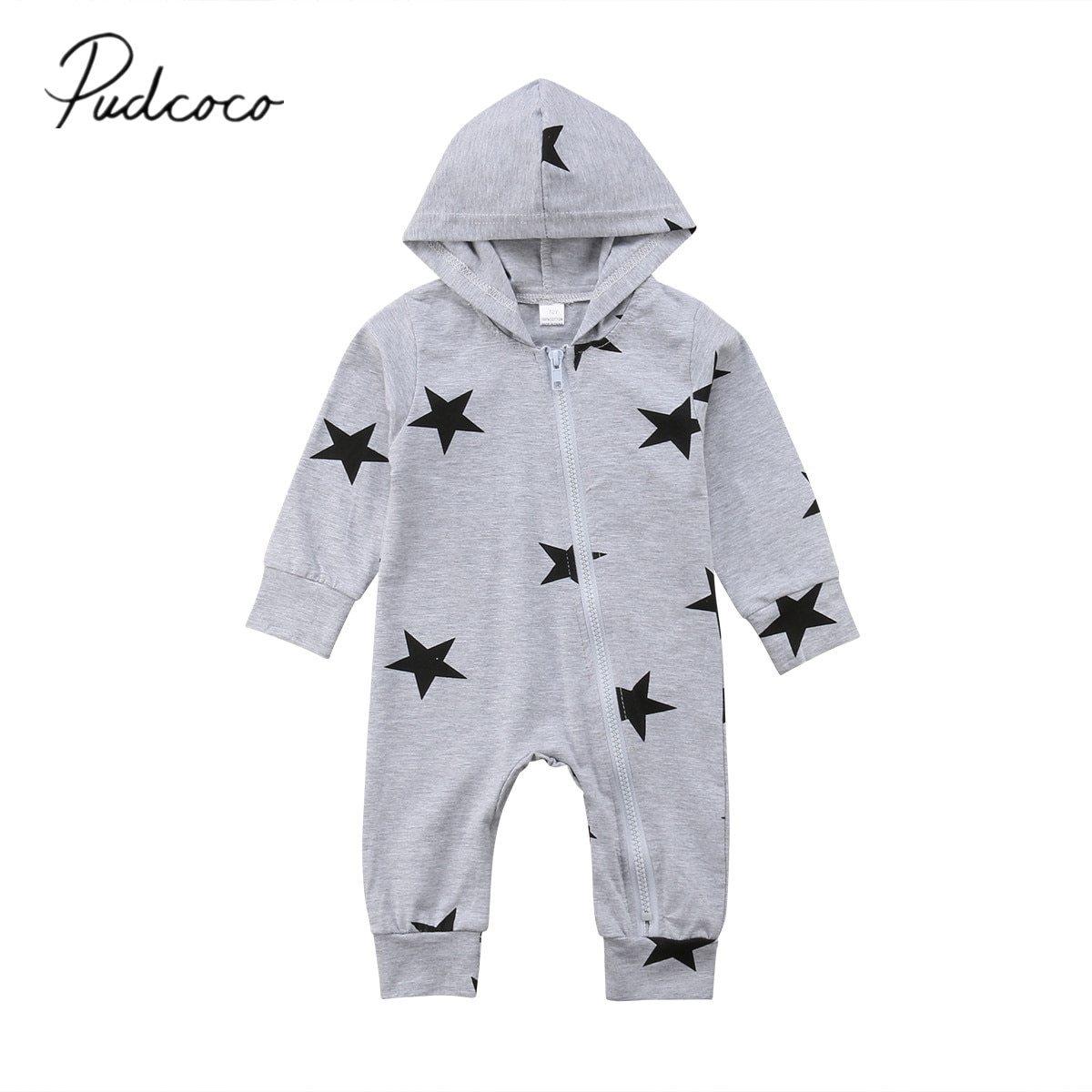 Brand Autumn Winter Toddler Baby Girl Boy Warm Romper Longsleeve Hooded Zipper Star Grey Jumpsuit Playsuit Outfit 0-24M