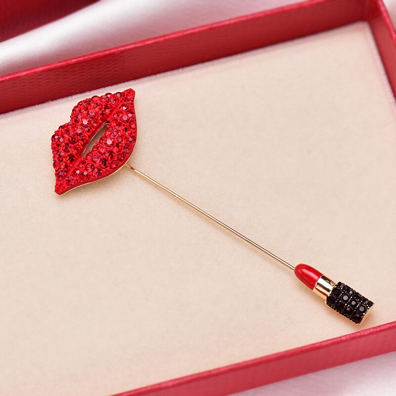 Neue Strass Roten Lippen Broschen für Frauen Lange Stift Brosche Lippenstift Sommer Kleid Zubehör Schmuck