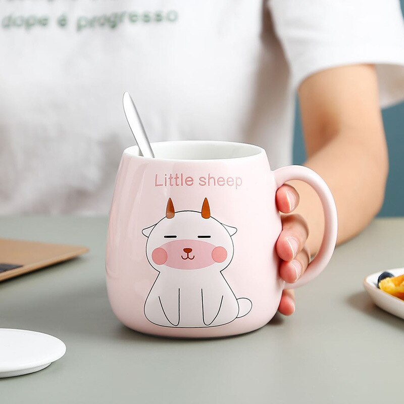 Cute Cartoon Cat Mug Animal Fox Ceramic Mug Office Mug for Girls and Dogs with Lid Spoon cute coffee mugs and cups: Pink sheep