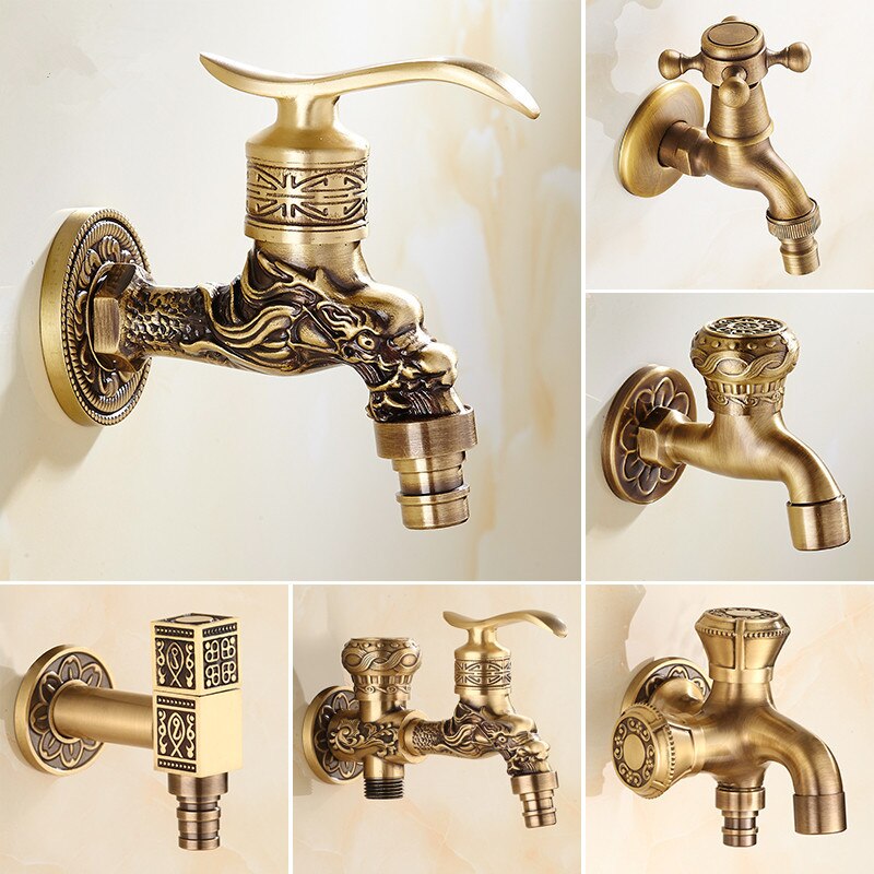 Pure Copper Carved Wall Bottle Tap Bibcock Retro Tap Anticorrosive Decorative Outdoor Garden Faucet Washing Machine Mop Tap