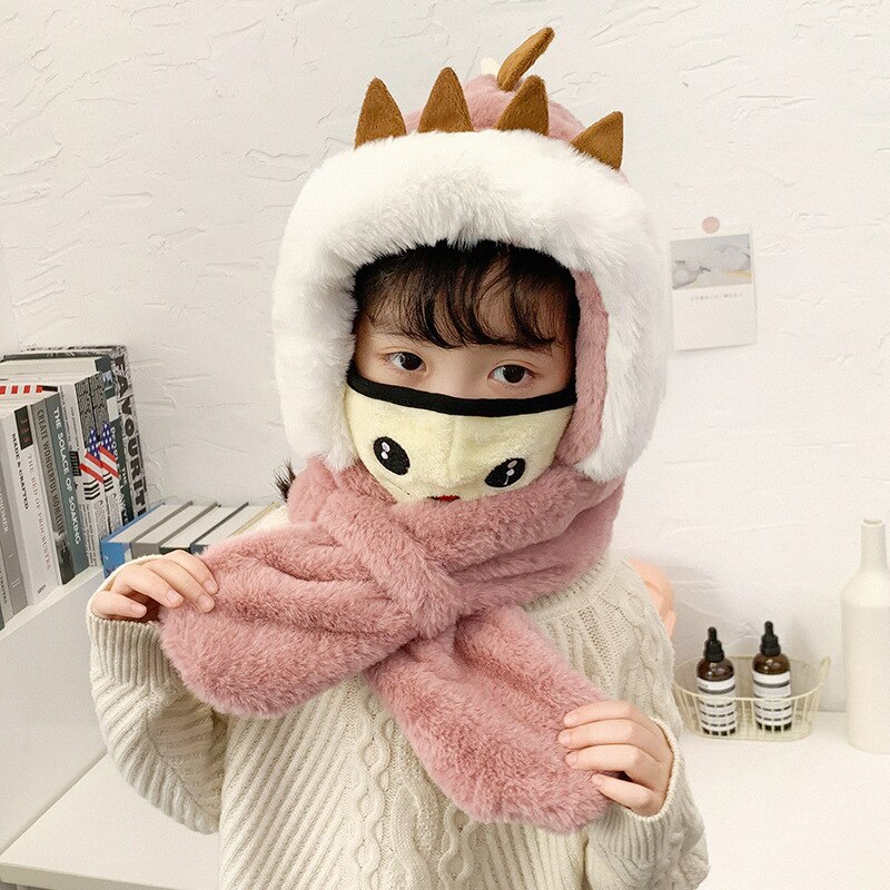 Kindersjaal een muts herfst winter koreaanse versie imitatie konijnenbont babymeisjes warme muts pluche dinosaurussenoren capuchonsjaal: Dinosaurus donkerroze