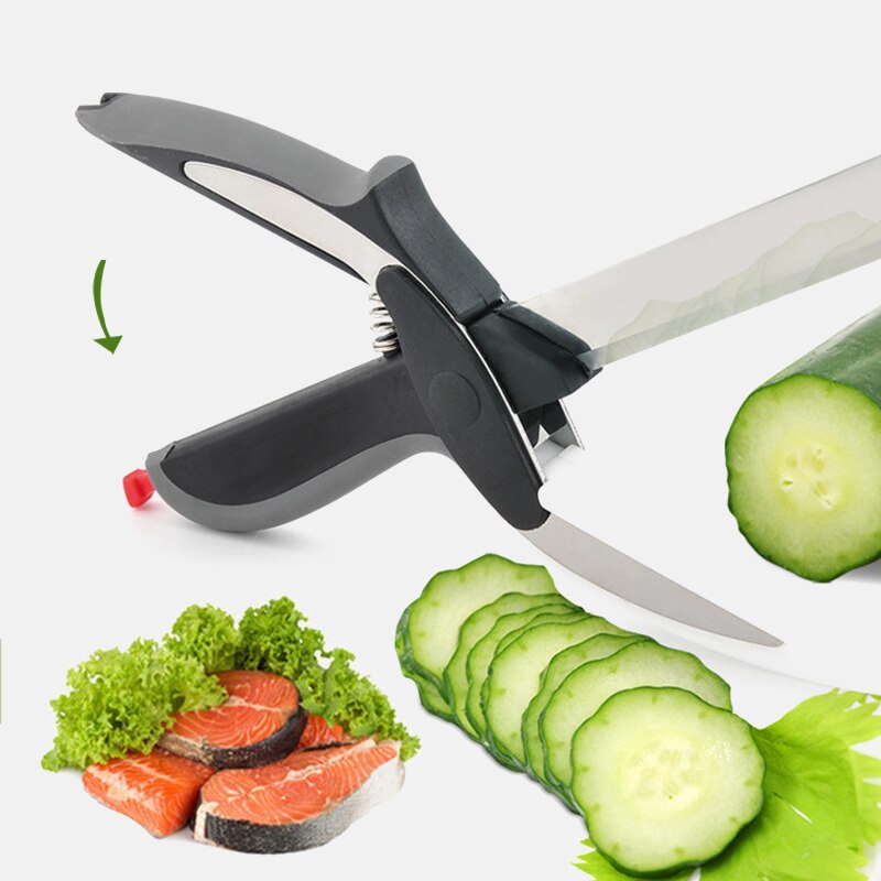 2 i 1 multifunksjonell kutter i rustfritt stål kjøkken saks skjærebrett kokk kniv chopper smart frukt grønnsak saks