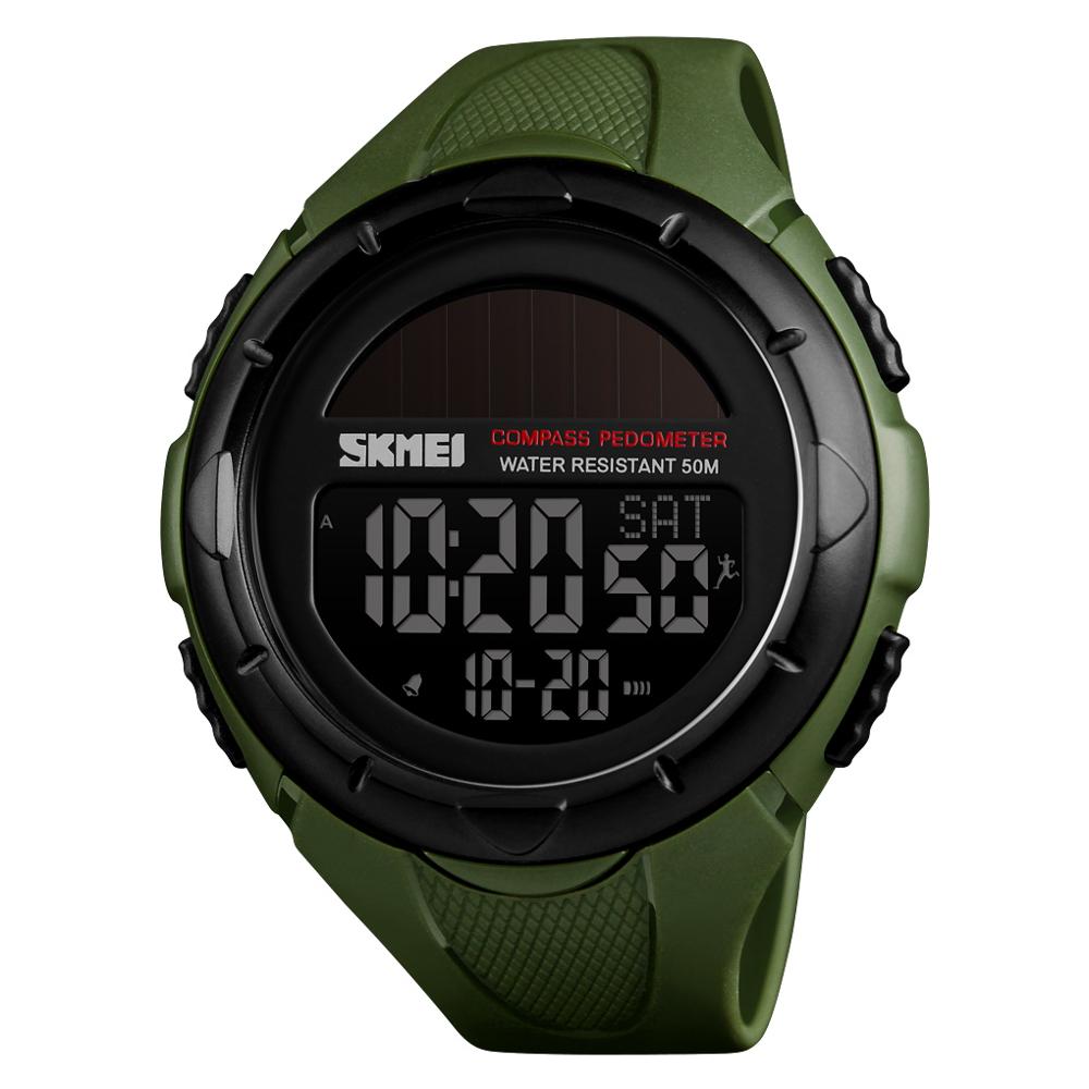 Skmei solenergi menn digital elektronisk kompass klokker 50m vanntette skritteller sport verdenstid kalorier el lette mannlige armbåndsur: Militærgrønn