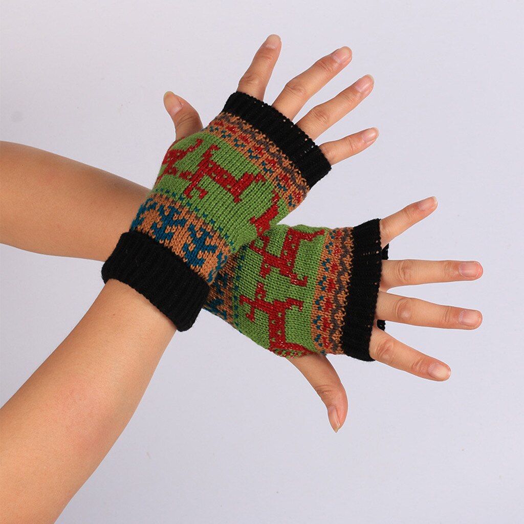 Adult Teens Christmas Winter Gloves Printed Deer Thick Knitted Mittens Fingerless Keep Warm Gloves For Girls Sports Outdoor: Black 
