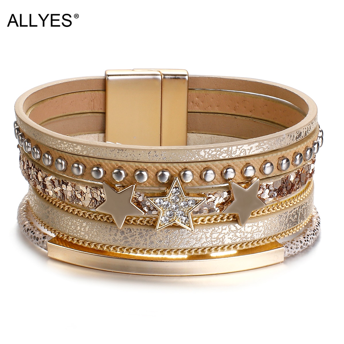 Allyes rhinestone stjerne charme læder armbånd til kvinder boho flerlags punk nitte bred wrap armbånd kvindelige smykker