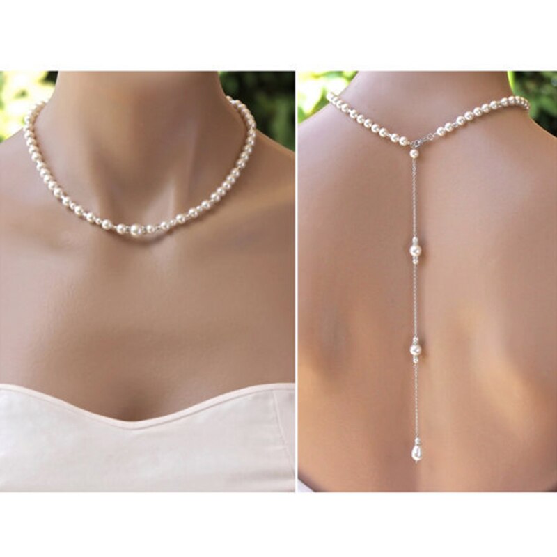 Eenvoudige Ketting Gesimuleerde Parel Lange Ketting Backless Jurk Accessoires Sieraden Gelaagde Terug Bruiloft Bruid Sieraden #235163