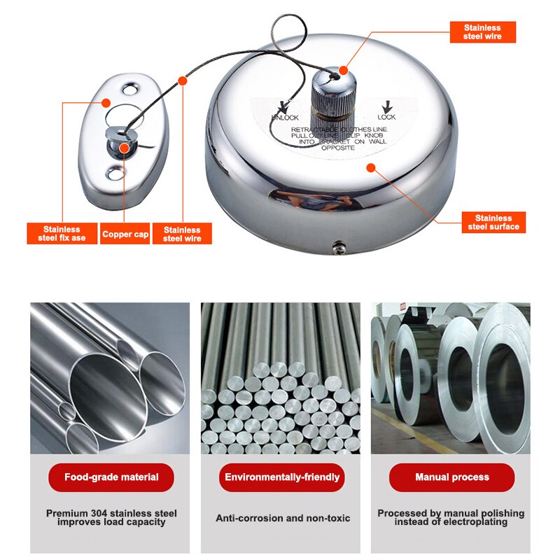 Wanduittrekbare waslijn, roestvrij staaldraad, onzichtbare waslijn voor binnen en buiten, hangende wasdroger, kledingrek