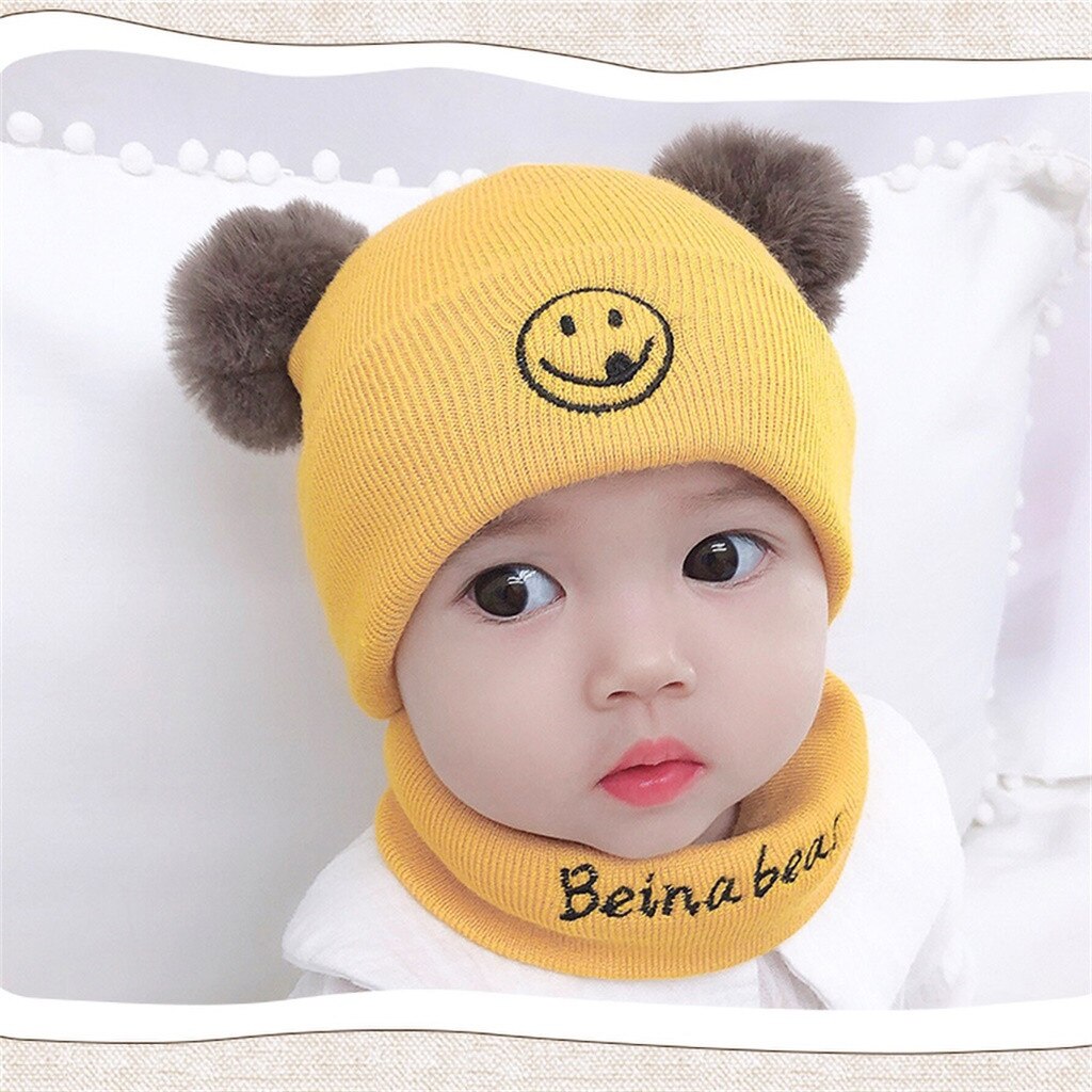 Conjunto de dos piezas de bufanda y sombrero de punto para niños, gorros de para chicas con estampado para el hogar, sombreros de bebé cálidos para invierno, sombreros para bebé niña # p30: Amarillo