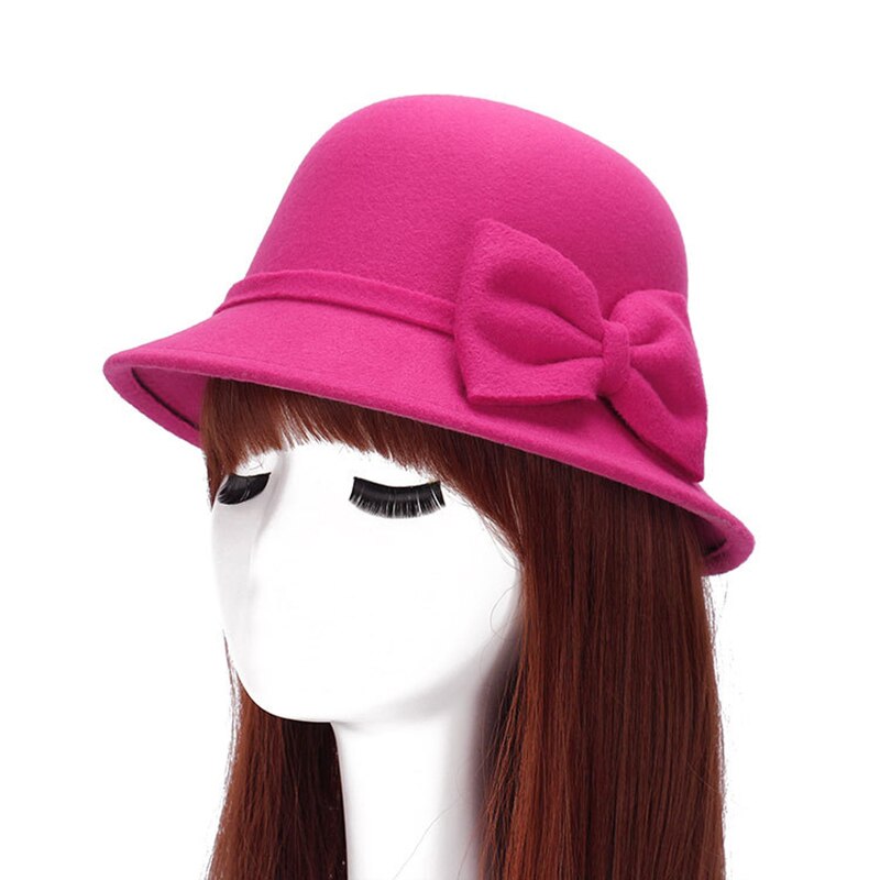 Herbst Winter Frauen Hütte Solide Wolle Filz Kuppel Fedoras Hüte Jahrgang Bogen Eimer Hütte Damen Kappe chapeau femme шляпа: Rose rot
