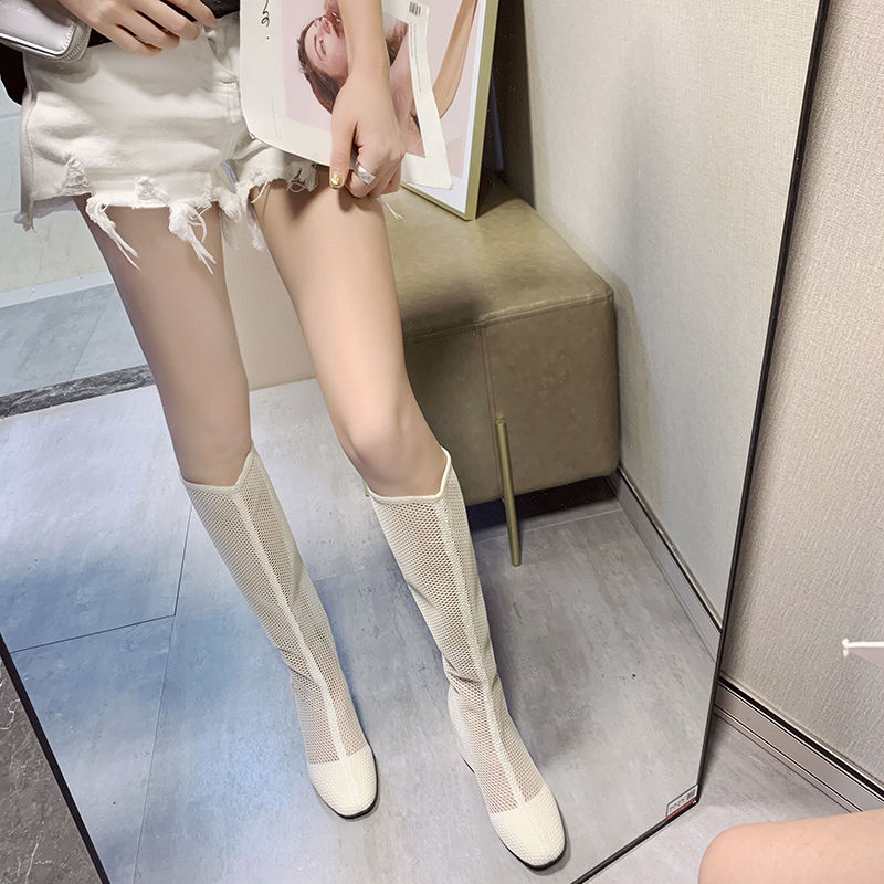 femmes genou haute maille sandales bottes mi talon femme Sexy gladiateur chaussures été botte évider noir pour femme Beige