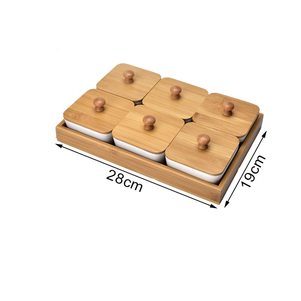 Japan Style Kitchen Organizer Ceramic Bowls Food Storage Containers with Bamboo Lid and Pallets Snack Serving Tray: 6 Bowl with Lid Tray