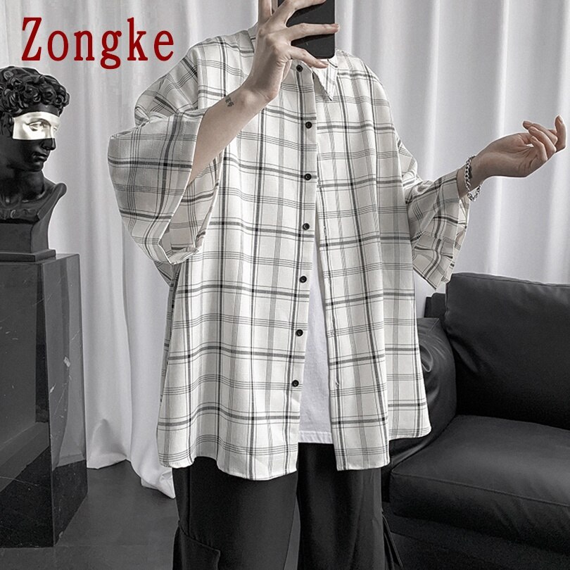 Zongke Plaid Casual Shirts For Men Clothing Checkered White Shirt Men Streetwear Men Shirt Long Sleeve M-2XL