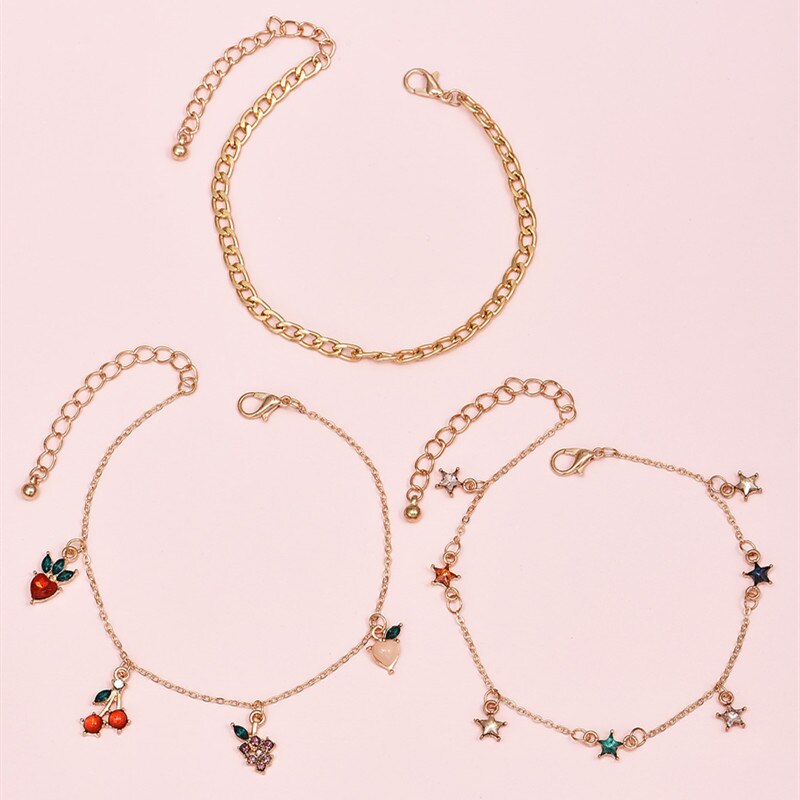 Ensemble de chevilles pour femmes, bracelets de cheville en cristal pour femmes, Fruits de cerise, raisin, étoile, chaîne dorée, bijoux , 3 pièces/ensemble