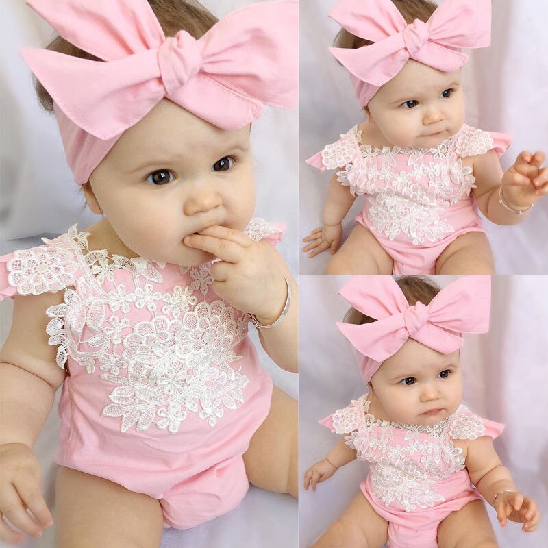 Princess Newborn Lace Ruffles Frilly Baby Girl Rompers Bebe Bodysuit+Headband Pink Leotard Tops Baby Clothing