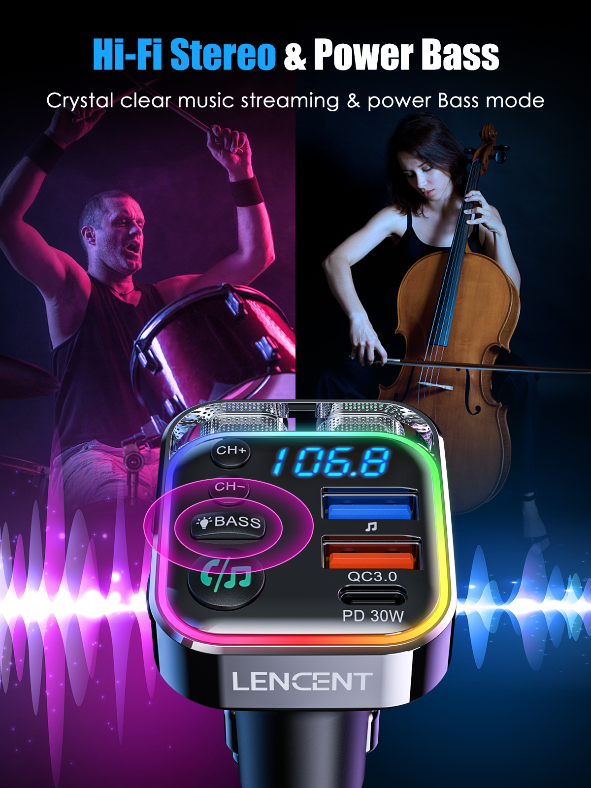 LENCENT Trasmettitore FM Bluetooth 5.3 PD 30W e QC3.0 Caricatore rapido Adattatore per auto Bluetooth kit per auto con musica Ciao-Fi/chiamate trasparenti