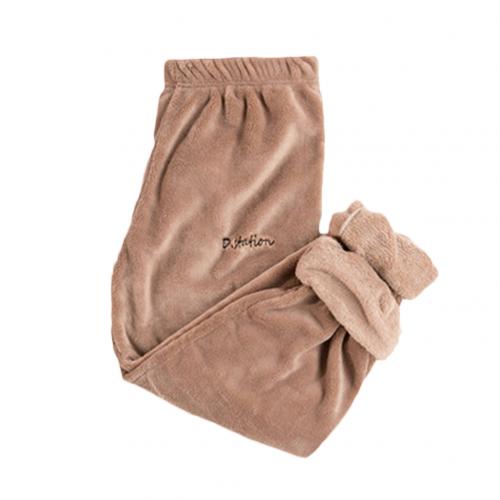 Leisure Lady Solid Color Elastic Waist Ankle Tie Warm Fleece Pajama Pants Trousers: Coffee