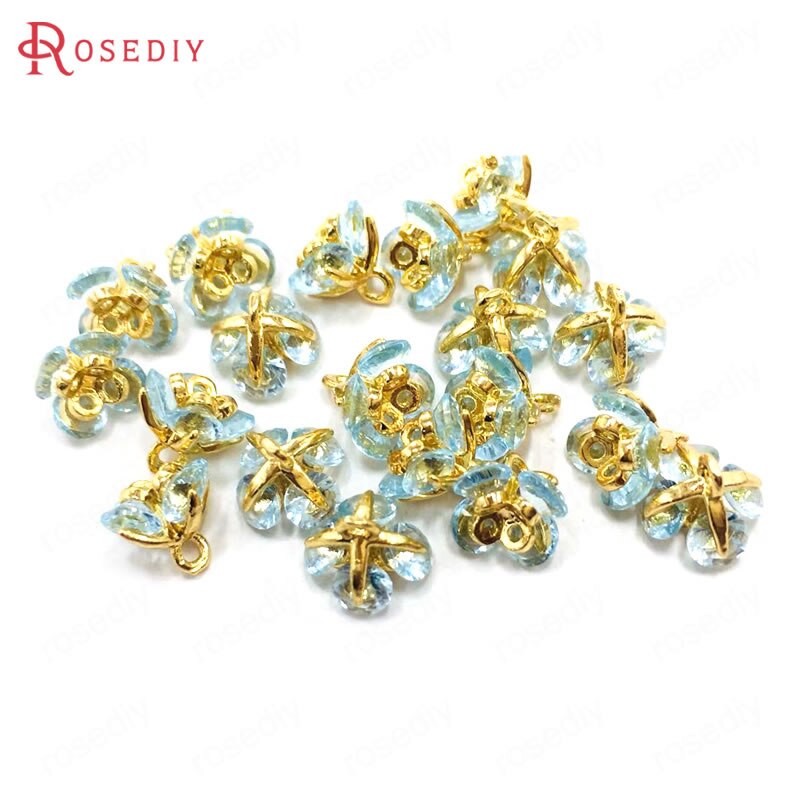 (37101)6PCS 7x7MM 24K Champagne Gold Color Brass and Zircon 3D Flower Charms Pendants Jewelry Making Supplies Diy Accessories