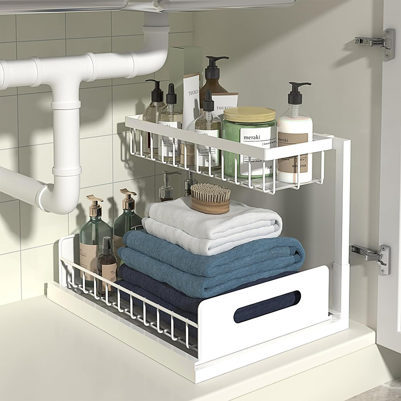 2-laags uittrekbare onder gootsteen organisator schuiflade mand kast opbergrek organisator voor badkamer keuken opslagplanken: Licht Groen