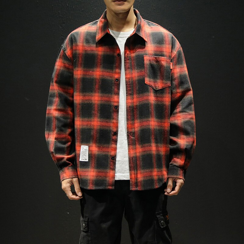 Fleece casual skjorta män vinter svart rutig streetwear hip hop långärmade herrskjortor höst preppy sammet oversized cargo toppar: Röd / Xxl