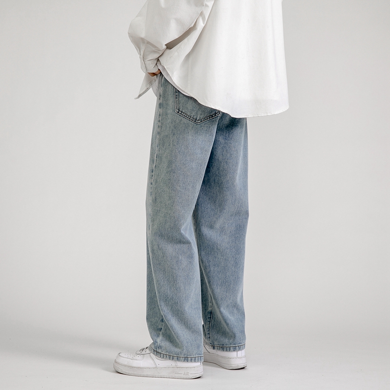 Korean Men&#39;s Baggy Jeans Classic Unisex Man Straight Denim Wide-leg Pants Hip Hop Bagy Light Blue Grey Black