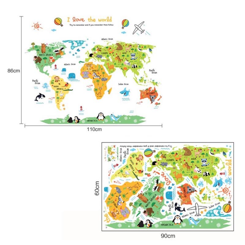 Cartoon Safari Animals World Map Nursery Wall Stickers for Kids Room Decoration Letters Global Maps WXV