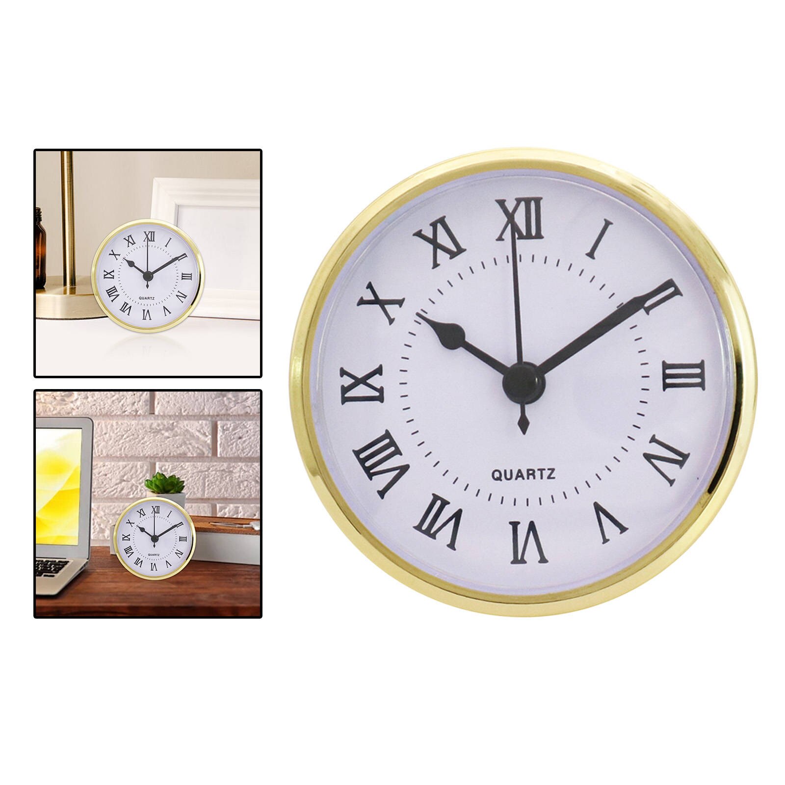 3.54inch Round Quartz Clock Insert with Roman Numerals White Face Gold Trim